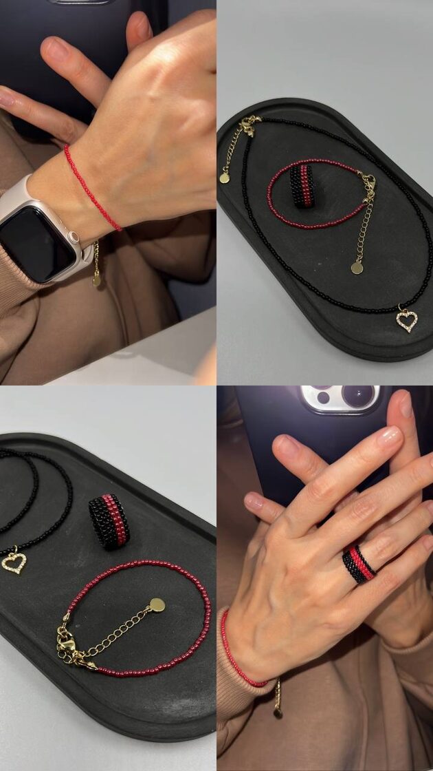 Комплект, состоящий из кольца, ожерелья и браслета, элегантного и современного дизайна.