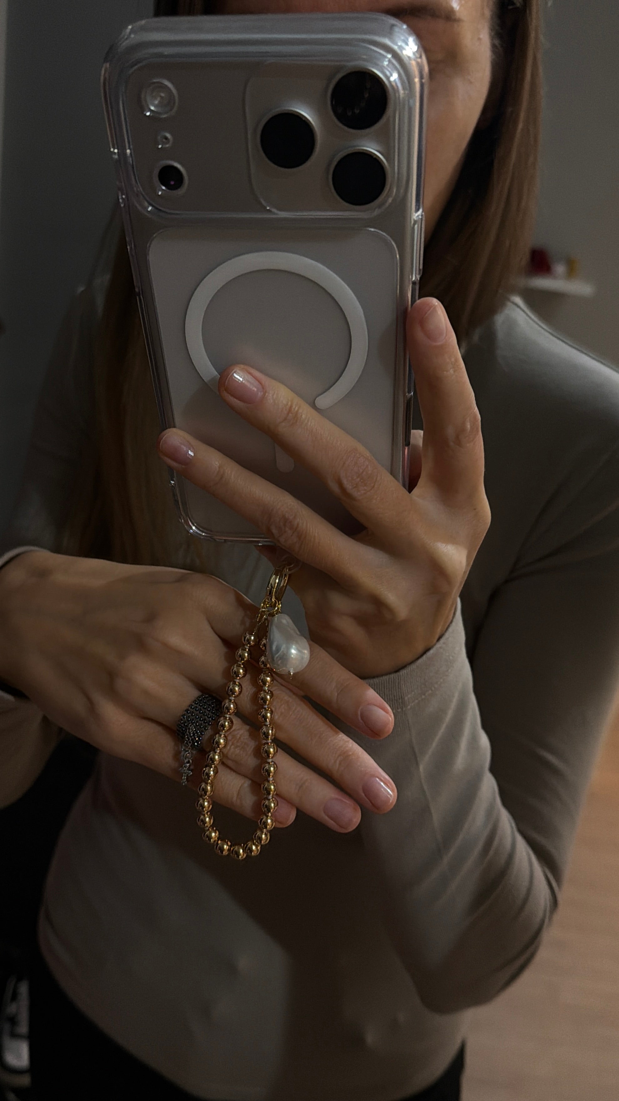 [PHONE CHAIN-22] HEMATITE and MAJORCA PEARLS