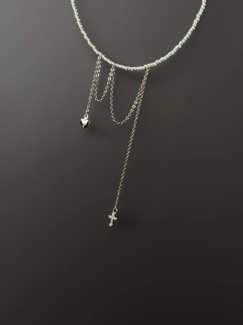 [CHOKER29] WHITE PEARL with SMALL CROSS & HEART