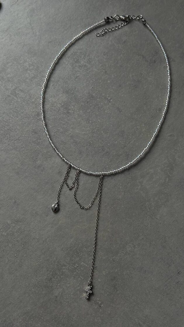 [CHOKER29] WHITE PEARL with SMALL CROSS & HEART