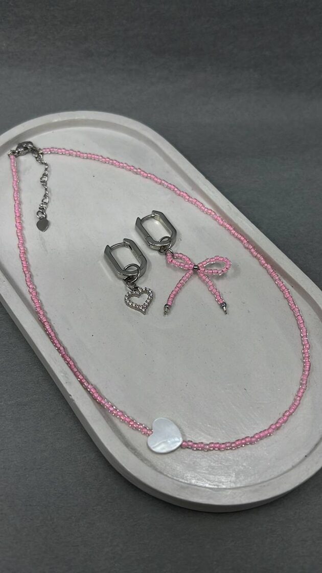 Комплект 12: Серьги с СЕРДЦЕМ и РОЗОЙ + Чокер 35 см с СЕРДЦЕМ